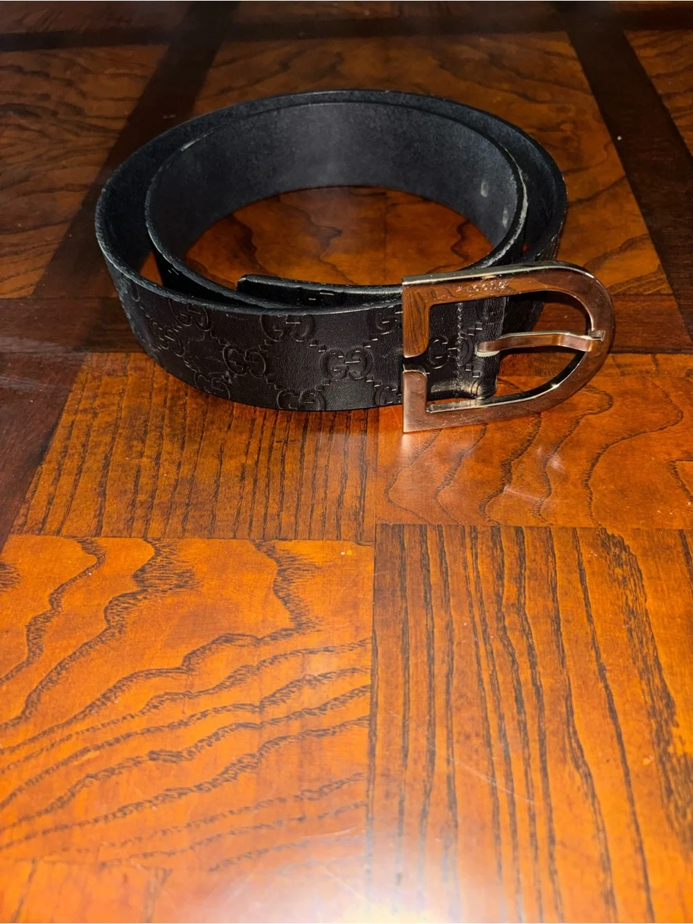 Gucci Black Embossed Leather Belt with Brushed Metal Buckle